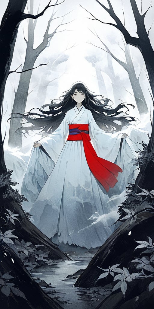 In a dimly lit, mystical forest, a faceless, towering Asian girl stands tall, her slender figure illuminated by an eerie, glowing mist. Her long, flowing hair appears to be made of dark, swirling clouds, as she confronts a horde of imaginary creatures from mythological lore. A bold, red sash wraps around her waist, symbolizing her unwavering determination and courage. The air is heavy with the scent of wet earth and decaying leaves, as if the very forest itself holds its breath in anticipation of the adventure to come.,art_booster