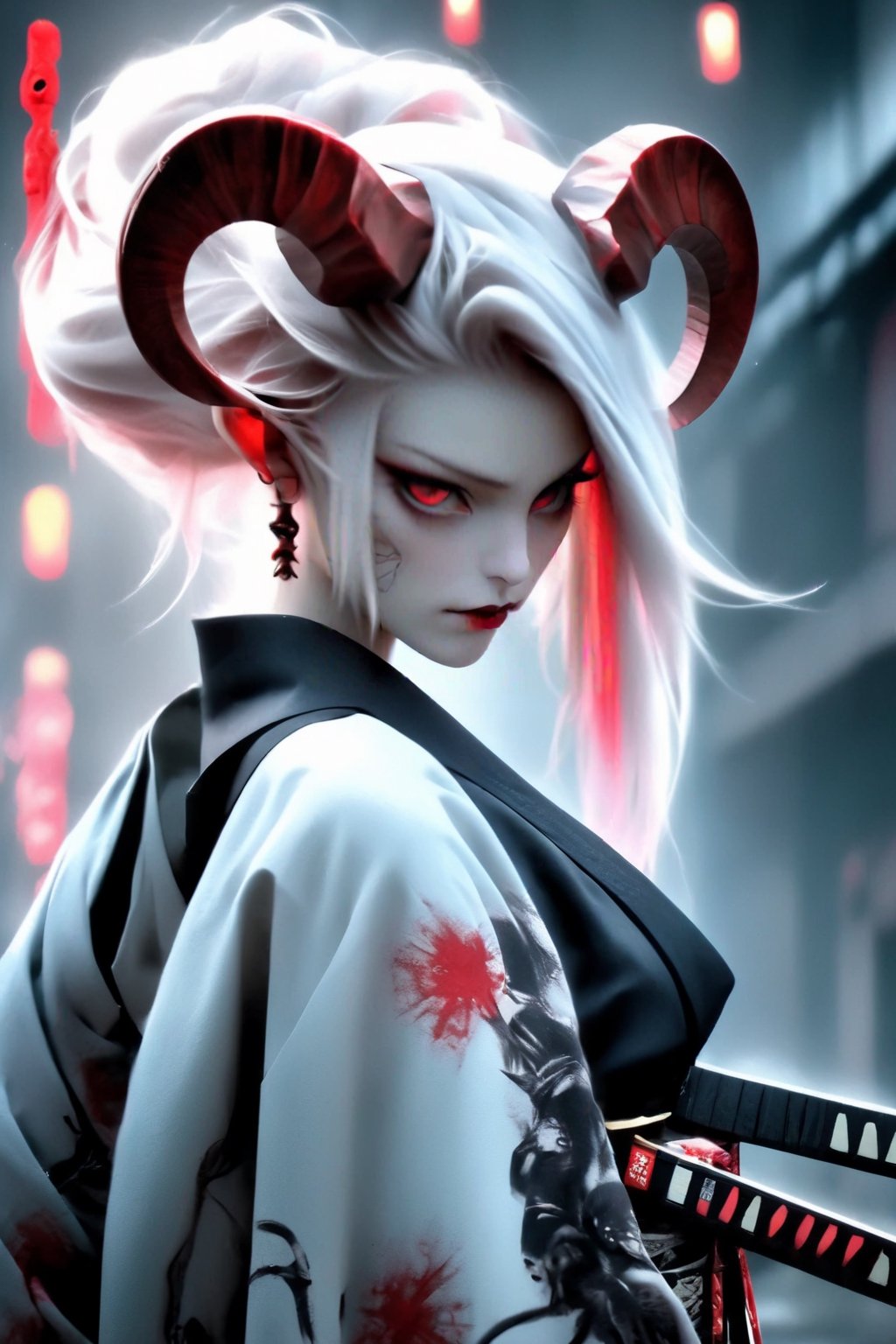 1 girl, (masterful), albino demon queen, (long intricate horns:1.2), 
kimono, one Katana in scabbard  at waist, bathed blood,large breast, Cleavage, hakama, Japanese style gaiter, kanji Tattoos, 
cyberpunk City background,photo_b00ster,ct-niji2