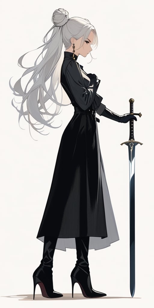 1girl, solo, simple background, gloves, long sleeves, Greatsword, long sword, long trench coat, jewelry, standing, full body, weapon, white hair, earrings, black gloves, pants, hair bun, black footwear, high heels, from side, profile, makeup, black pants, single hair bun, eyeshadow, high heel boots, sword stuck in the ground, hands hold the sword hilt in front of her chest, long hilt,girl