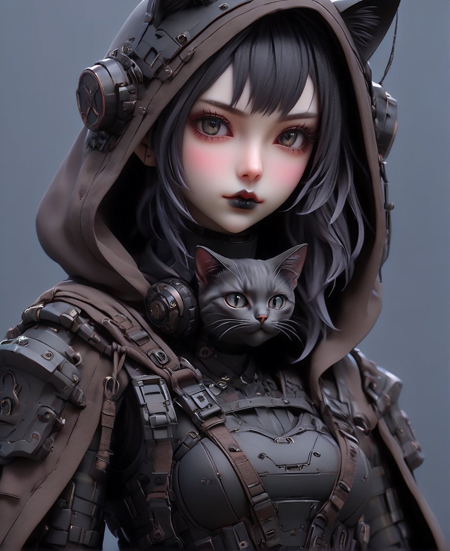 upper body of a girl wearing a hoodie with a cat on it, realistic, cyberpunk assassin, cyberpunk girl in hoodie, nekro xiii, very beautiful cyberpunk samurai, black lips, eyeliner, goth makeup, realistic anime art style, fantasy artwork, portrait of a steampunk catgirl, multicolor hair,goth person,ct-niji3,cyb-3d-art,Cyber Warrior