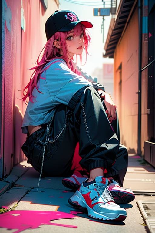 1girl, solo, breasts, coral-pink hair, (medium breasts:1.2), (sitting), hugging, full body, parted lips, front view, wearing Oversized white button-down shirt with the sleeves rolled up, Baggy cargo pants, Baseball cap worn backwards with a bold logo and Layered necklaces with a mix of chains and pendants, Chunky sneakers, Grunge-inspired alleyway with graffiti art background
,Illustration