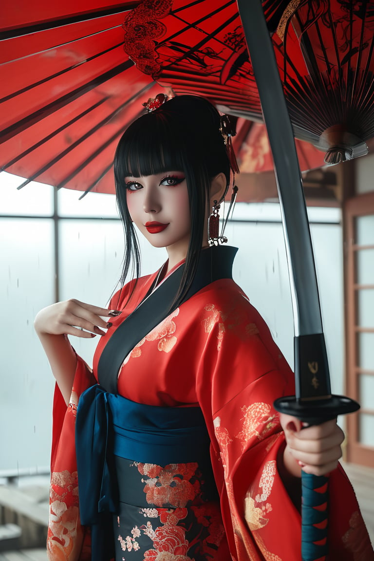 Realistic 8K 60fps, character photos, raindrops, Japanese-style red tattoos, kabuki banshee wearing Japanese new fashion dress with gentle gestures, Japanese-style long-haired demon girl Bonan kabuki, holding a giant sword, ancient giant demon background. Perfectly crafted cyberpunk style and traditional Japanese artistry blend seamlessly, evoking the essence of Chinese ink painting.,kimono,kabukimono