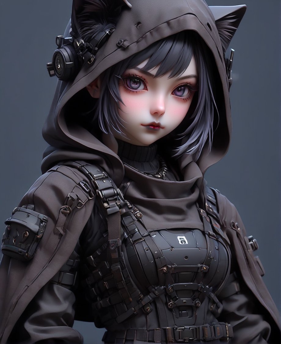 a girl wearing a hoodie with a cat on it, realistic, cyberpunk assassin, cyberpunk girl in hoodie wearing glasses, nekro xiii, very beautiful cyberpunk samurai, black lips, eyeliner, goth makeup, realistic anime art style, fantasy artwork, portrait of a steampunk catgirl, multicolor hair,goth person,ct-niji3,cyb-3d-art,Cyber Warrior