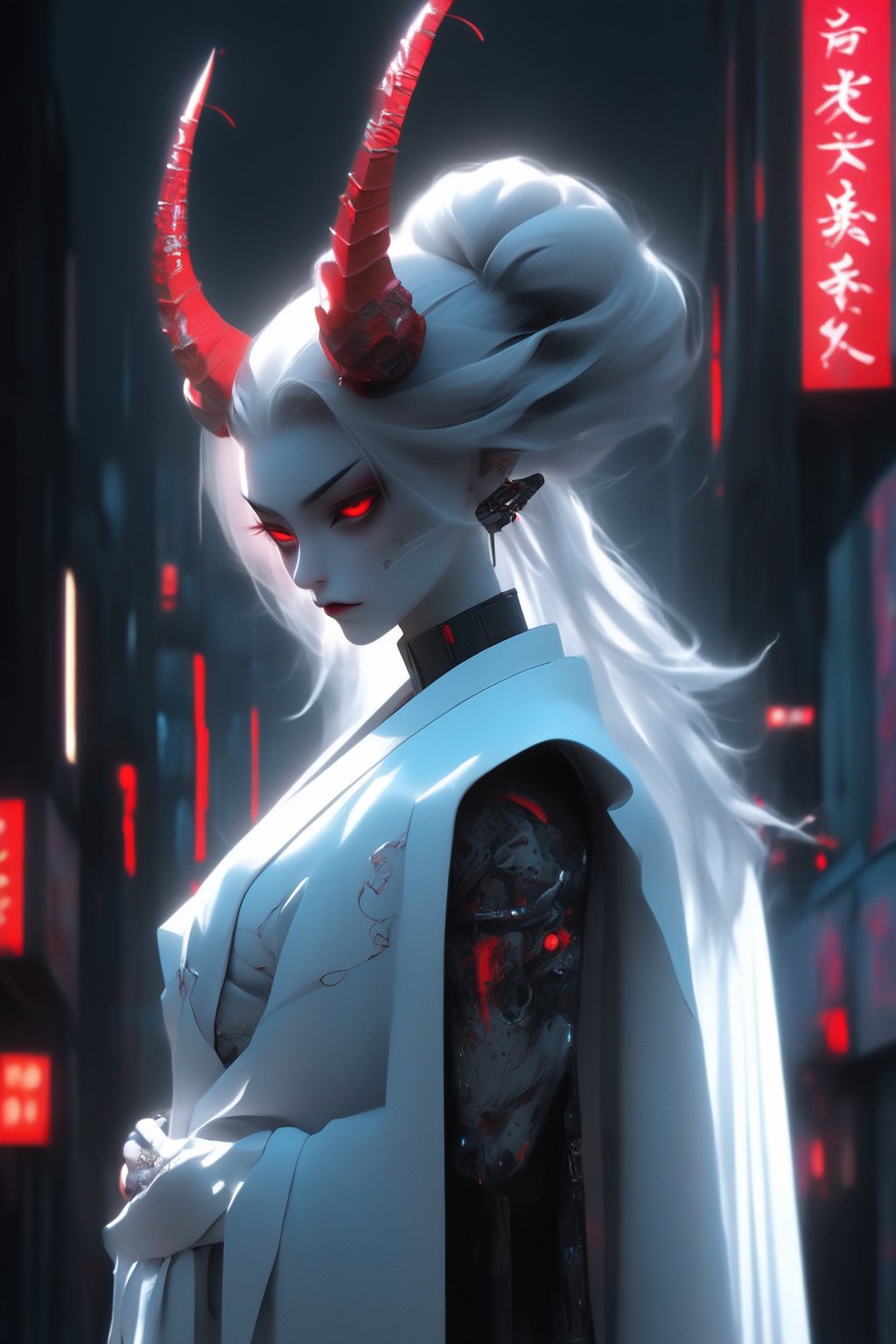 Masterful albino demon queen stands poised in a cyberpunk cityscape, her long intricate horns (1.2) stretching towards the neon-drenched skyscrapers. The kimono drapes elegantly around her curves, showcasing the deep cleavage and prominent breasts. A single katana rests in its scabbard at her waist, adorned with subtle kanji tattoos. Her hakama and Japanese-style gaiter add an air of mystique to her enigmatic presence. Bathed in the crimson glow of blood-stained streets, she exudes a commanding aura, her gaze piercing through the fog-shrouded cityscape.,3D, 
cyberpunk City background,photo_b00ster,ct-niji2,niji style