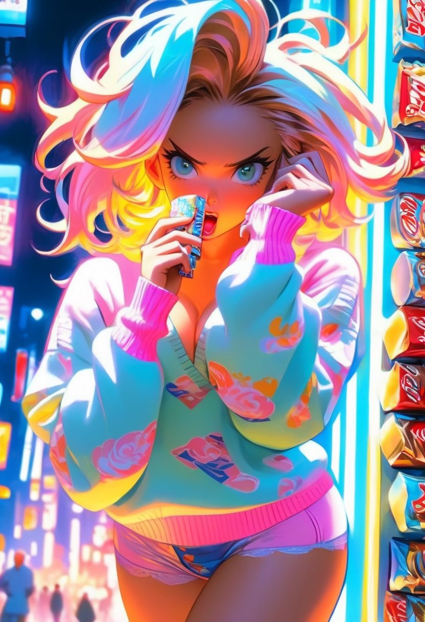 Anime artwork, Rococo, annoyed girl, eating chocolate bar, neon glowing hair, 4, neon light, flamboyant, pastel colors, curved lines, elaborate detail, rococo, art by Makoto Shinkai, art by J.C. Leyendecker,virgin destroyer sweater,secret,p3rfect boobs,wearing fashion thong underwear