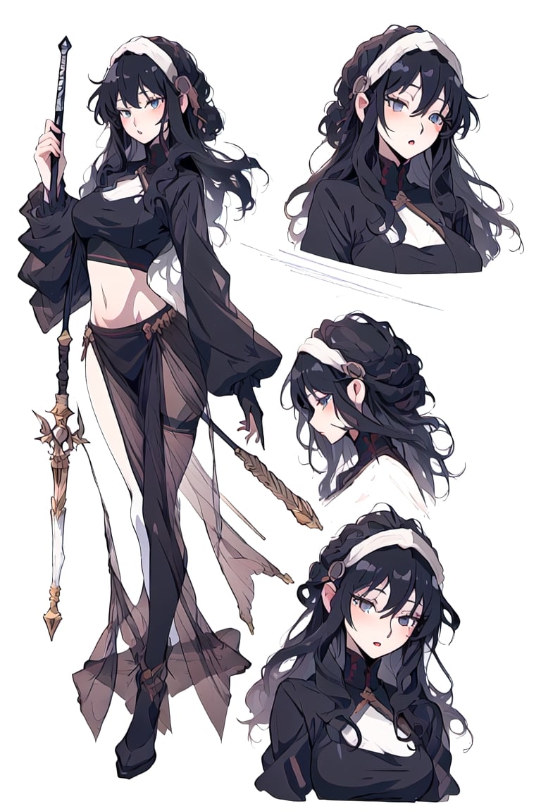 beautiful, masterpiece, best quality, extremely detailed face, long straight black hair, r, wand, (CharacterSheet:1), (multiple views, full body, upper body, reference sheet:1), back view, front view, (white background, simple background:1.2), large breasts, sexy pose, anime, white crop top,anime