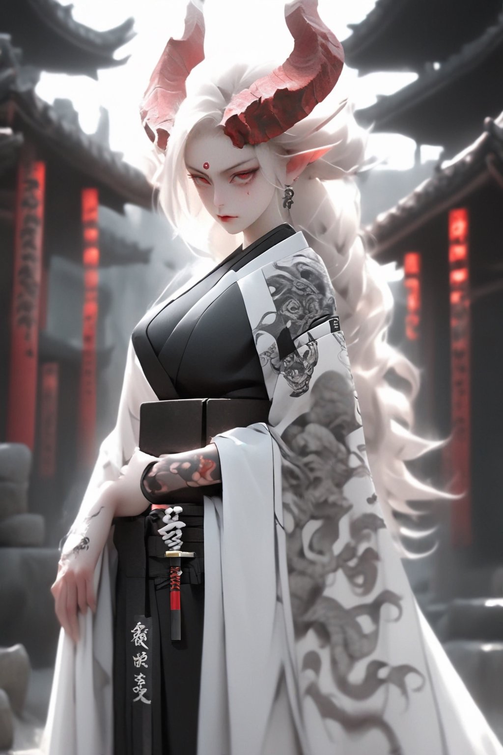 1 girl, (masterful), albino demon queen, (long intricate horns:1.2), 
kimono, one Katana in scabbard  at waist, bathed blood,large breast, Cleavage, hakama, Japanese style gaiter, kanji Tattoos, lattern, ancient City background,photo_b00ster,ct-niji2