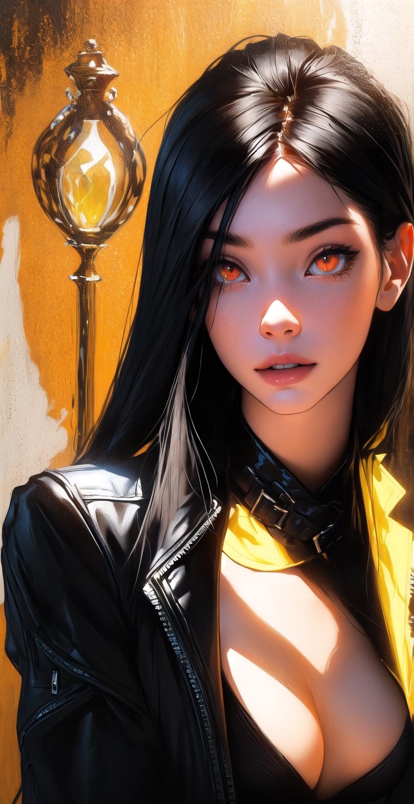 \\Beautiful 20 year old woman\\, (red eyes), glowing eyes:1.4, ((black hair)), bangs, long_hair, hourglass body shape, detailed eyes, normal breasts quality, slim waist, (slim thick body), ((medium portrait)), in a bra wearing biker jacket ,wonder beauty ,oil painting