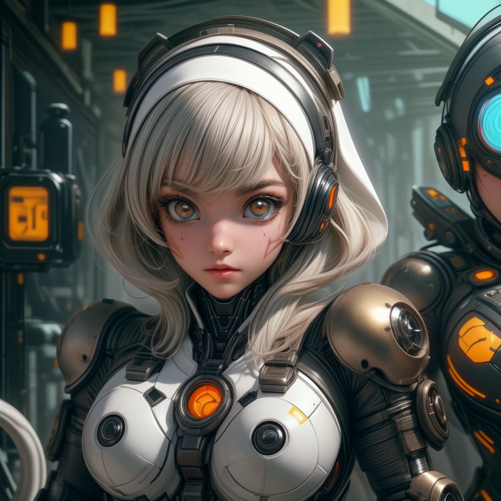 Close-up shot of a female cyborg, 'Bob-Cut' hair vibrant with colorful hues, framing her intense expression. A scratch mask with cat-ear headphones and nun headscarf adorn her face, juxtaposed with tactical armor plating and a sharp black dragon's head with neon accents. Infected machine parts mesh seamlessly with her beautiful girl features. Crouched in fighting stance, she grasps a gun, futuristic hair infected with glowing strands, set against the blurred cityscape of a terminal station. Her eyes blaze with golden flames amidst chromatic spots on her black eyeballs, within the deva battle suit's armor shell, evoking a Nijistyle aesthetic.l,urban techwear,cyborg,disney pixar style,c1bo,reelmech