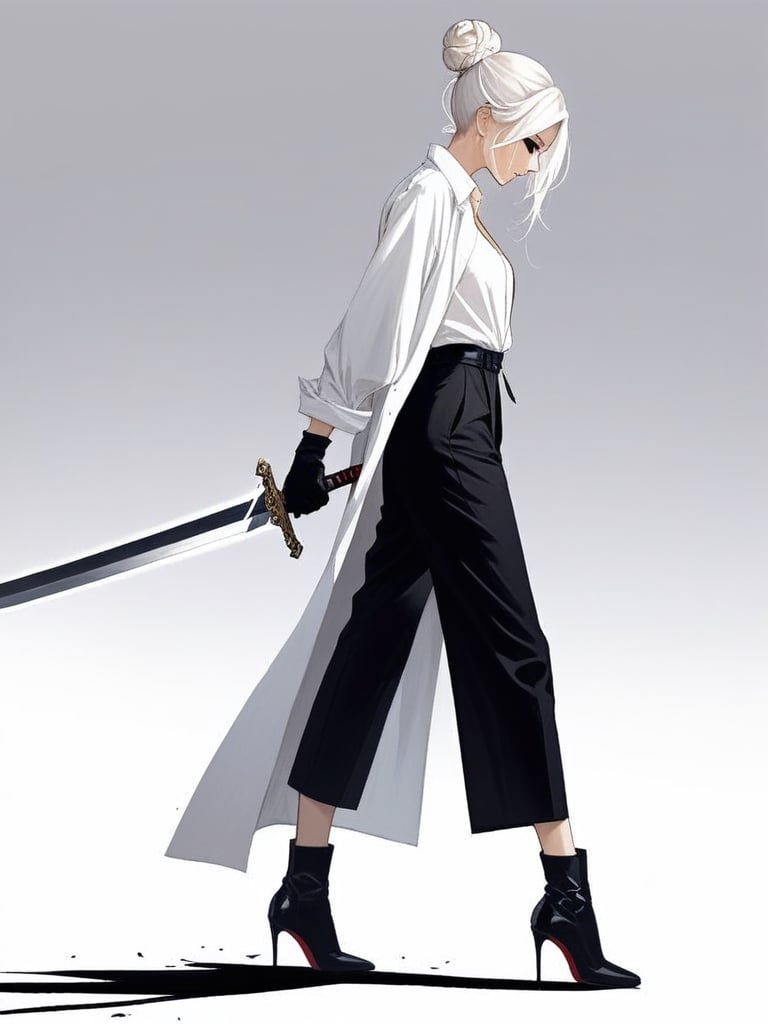 1girl, solo, simple background, gloves, long sleeves, Greatsword, long sword, long trench coat, jewelry, standing, full body, weapon, white hair, earrings, black gloves, pants, sword, hair bun, black footwear, high heels, from side, profile, makeup, black pants, single hair bun, eyeshadow, high heel boots, sword stuck in the ground, lay hands upon sword hilt, long hilt,girl