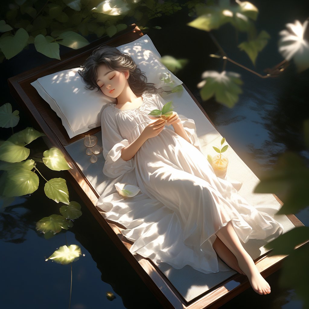 masterpiece, high quality, 8K, high_res, 
Realistic, CG style, on a hot summer day, the soft sunlight casts mottled light and shadow through the leaves. A sleeping young girl in an elegant wispy white nightgown, (white gown) lying on a Japanese wooden platform on a pond, next to an open book, a glass of icy drink and a cute gray mini kitten. Peaceful and peaceful atmosphere, beautiful, elegant, very detailed, establishing shot, 
(by Maurice-Quentin de La Tour), High image quality, 8K image quality, (from above:1.5), (sleeping:1.4),  (black hair, leaves in her hair), super cute face, ethereal, dreamy, soft color, more detail XL