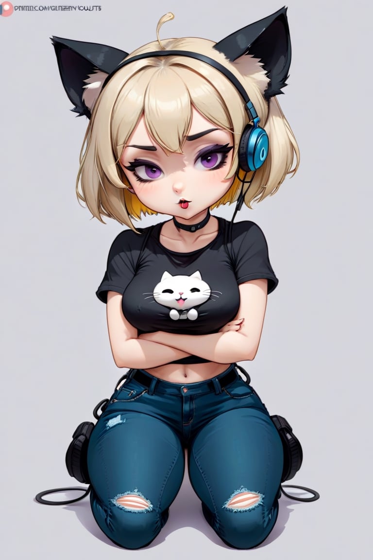 sticker design, Super realistic, full body, chibi, a cute girl with cat ears, short light blonde hair, the ends of her hair dyed lavender, black lipstick, black eyeliner, headphones hanging around her neck, flying goggles on her head, black goth punk Dressed in a short-sleeved hollow top, tight jeans, and a work fanny pack, he sat on a small stool with his elbows on his knees and his chin on his palms, showing a thinking expression and his mouth slightly pursed. Simple light gray background
,disney pixar style,Line Chibi yellow,LIMBUSCOMPANY_Ryoshu,cute comic,anime,cutesexyrobbuts style