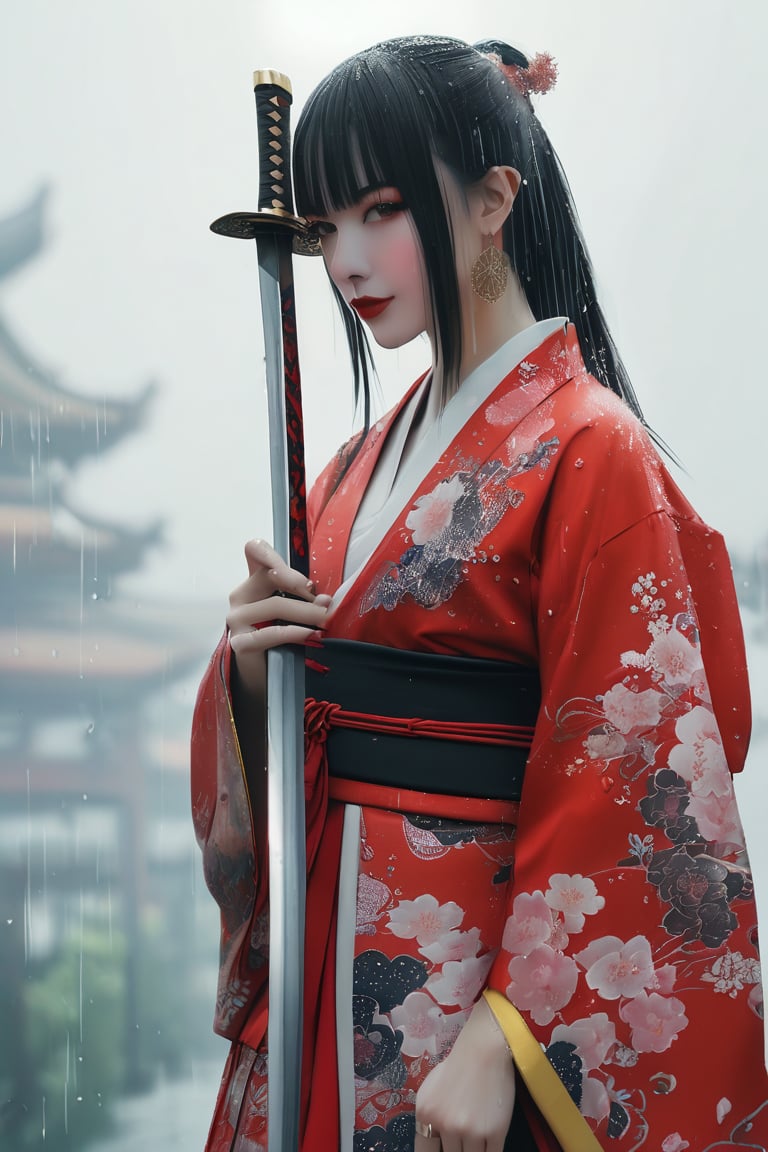 Realistic 8K 60fps, character photos, raindrops, Japanese-style red tattoos, kabuki banshee wearing Japanese new fashion dress with gentle gestures, Japanese-style long-haired demon girl Bonan kabuki, holding a giant sword, ancient giant demon background. Perfectly crafted cyberpunk style and traditional Japanese artistry blend seamlessly, evoking the essence of Chinese ink painting.,kimono,kabukimono