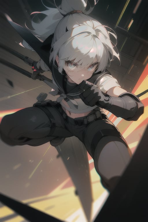 In a gritty, cyberpunk cityscape, a goth muscle girl with striking silver hair and pixie cut sits in a squatting position, her dark tan skin glistening under the urban glow. Hazel eyes burn bright, framed by black nitrile gloves and a dark army jacket worn over a crop top. Baggy pants and combat boots complete her intimidating ensemble, while a bold application of black lipstick adds to her edgy persona.

Before her stands an incredibly detailed mecha suit, its sleek design and sharp focus drawing the viewer's attention. A Short Ponytail and Combat Helmet adorn her head, while Night Vision Goggles perch atop her eyes. A Tactical Belt wraps around her waist, holding a Tactical Vest that mirrors the metallic sheen of the mecha.

As she crouches in combat readiness, her slender body tenses with moderate muscles visible beneath her dark attire. Bright highlights accentuate the sharp lines and curves of her features, as if illuminated by the city's neon lights. The overall effect is one of ultra-fine quality, a masterpiece of artistry and attention to detail that defies absurdity, yet somehow works in harmony with the goth aesthetic.

In a burst of radiosity and physically-based rendering, the image comes alive with photon mapping, automatic white balance, and an atmosphere of gritty futurism. This is Mecha Sailor Soldier at her finest, a warrior queen reigning supreme over the urban landscape.