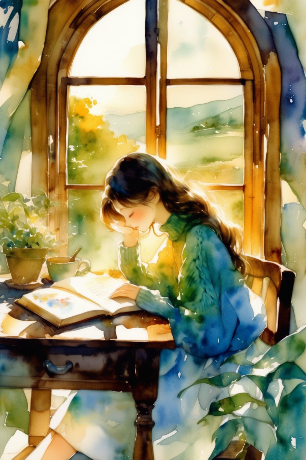 masterpiece, high quality, 8K, high_res, ink lines and watercolor wash,
homemade photoshot, melancholy embience, a girl holds her chin and looks out the window, thoughtfully, (in the tranquility of the book pages and panes, nature and wisdom are whispering, no matter it is sunny or rainy.) Stationery is scattered on the table, hot tea, minimalist style, watercolor rendering, elegant colors, loose knitted turtleneck sweater, monochrome picture, sad, beautiful, elegant, very detailed, establishing shot, background,scenery
,CrclWc,CuteSt1,WtrClr,watercolor \(medium\)