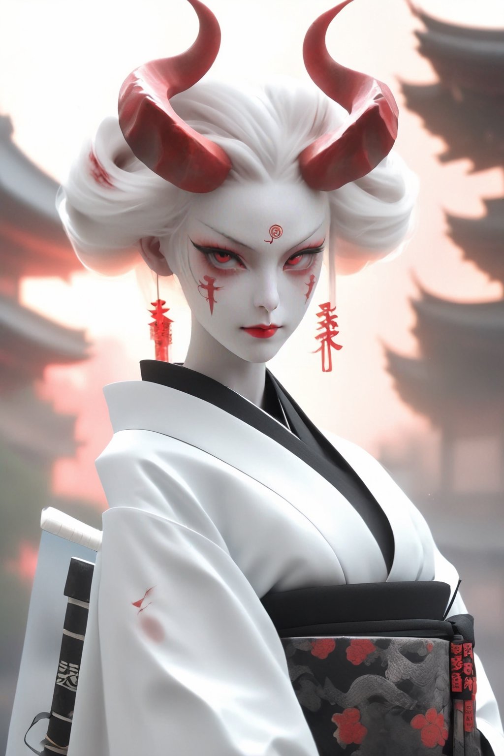 1 girl, (masterful), albino demon queen, (long intricate horns:1.2), 
kimono, one Katana in scabbard  at waist, bathed blood,large breast, Cleavage, hakama, Japanese style gaiter, kanji Tattoos, lattern, ancient City background,photo_b00ster,ct-niji2