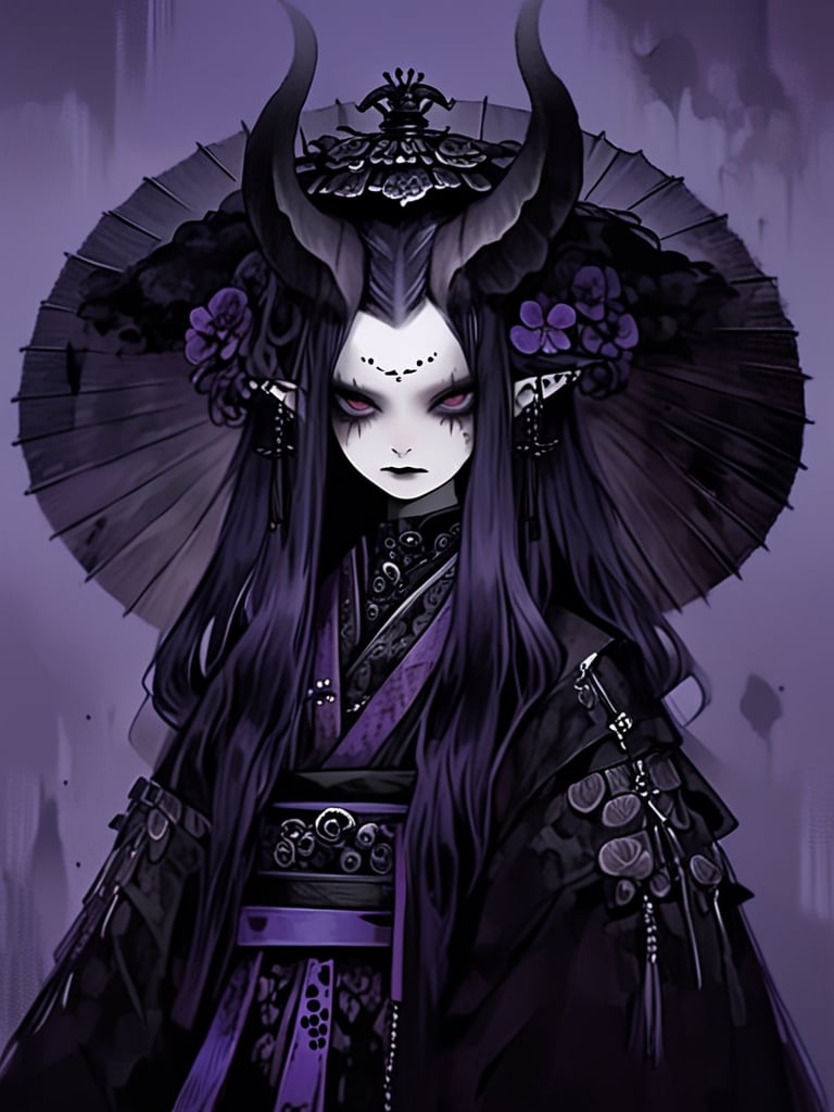 (masterful), 
albino demon little queen, (long horns), a sister clad in gothic punk attire,fusion of traditional Japanese aesthetics and Gothic fashion, where elegant kimono silhouettes intertwine with the dark allure of Gothic elements. Picture elaborate, lace-trimmed kimonos in deep, rich colors adorned with ornate obis and corseted bodices,Accessories like parasols with lace and ribbons add a Victorian touch. Intricate hairpieces blend traditional tsumami kanzashi with gothic motifs, The color palette leans towards deep purples, blacks, and blood-reds, creating a striking contrast against the delicate fabrics,DonM1i1McQu1r3XL,nocturne,ct-niji2,dal,goth person,Hanfu