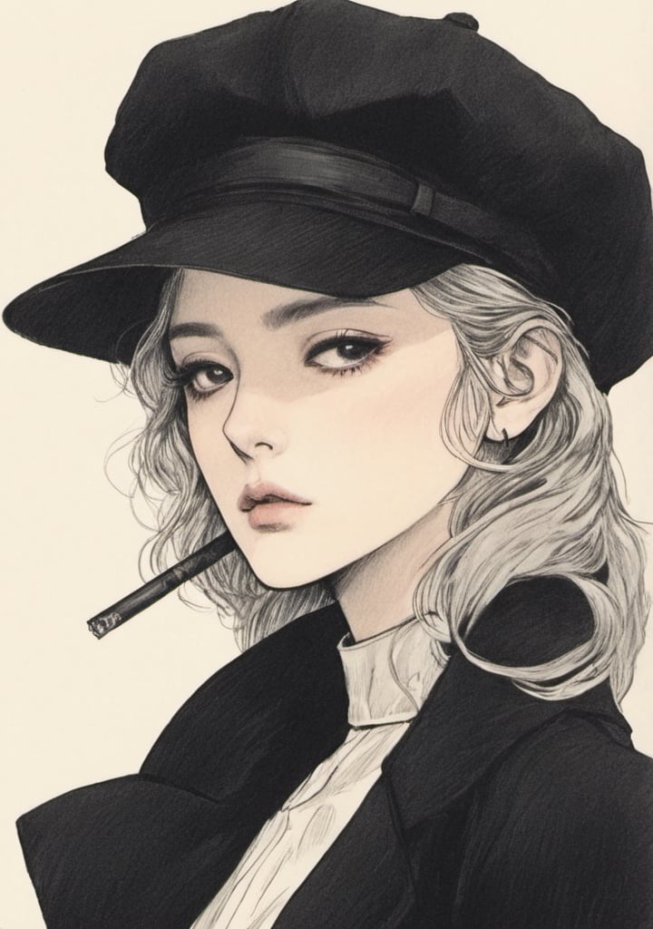real, a woman, hat, long coat, smoking, gangster, underground business, raining, cool, close up shot,90s vibe, clean shot, peaky blinders style, black suit,colored background , sharp eyes, side view,ukiyo_e,japanese,Pencil Draw