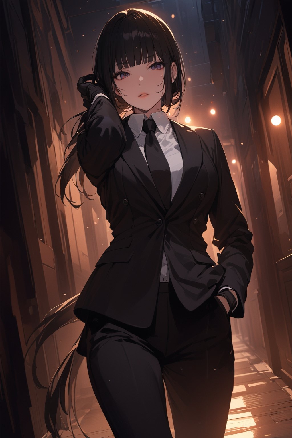 ((masterpiece, best quality, highres:1.2)), perfect face, looking at viewer, niji6, more detail XL, 1girl, solo, looking at viewer, sharp eyes, long straight pony tail black hair with blunt bangs, clearly brown eyes, ombre lips, soft makeup, black sunglasses, black_gloves, white shirt, collared_shirt, black necktie, black pants, black jacket, female agent, one arm up, indoors, dark hallway, walking, cold expression, extremely detailed illustration, 8k, high aesthetic, bokeh, windows, night, dropped shadow,eternum style, shadows cover the upper part of face, from below