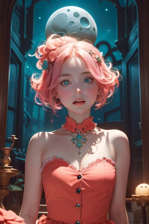 A whimsical illustration of a single girl, reminiscent of the eerie and fantastical world in Coraline. Framed by a moonlit doorway, the girl's porcelain skin glows softly as she gazes wistfully into the darkness. Her coral-pink dress shimmers like the film's iconic buttons, while her expression is a perfect blend of curiosity and trepidation.
