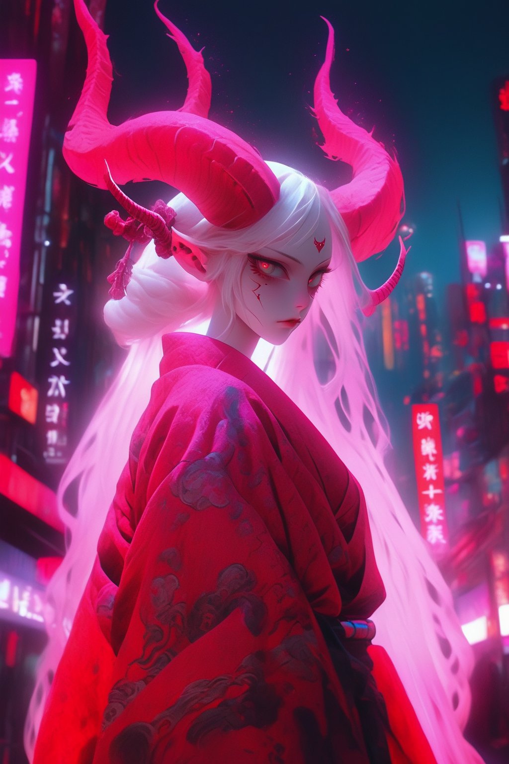 In a dimly lit cyberpunk cityscape at dusk, an albino demon queen stands poised in a masterful pose, her long intricate horns (1.2 meters) stretching up towards the neon-lit skyscrapers. She wears a traditional Japanese kimono, its vibrant colors stained with crimson hues of bathed blood, and cinched at the waist is a katana in scabbard, accentuating her ample cleavage. A hakama flows behind her like a dark cloud, while a Japanese-style gaiter wraps around her legs. Kanji tattoos adorn her skin, as if pulsing with an otherworldly energy. Photo-booster lights cast an eerie glow on the city's towering structures, mirroring the demon queen's ethereal aura.