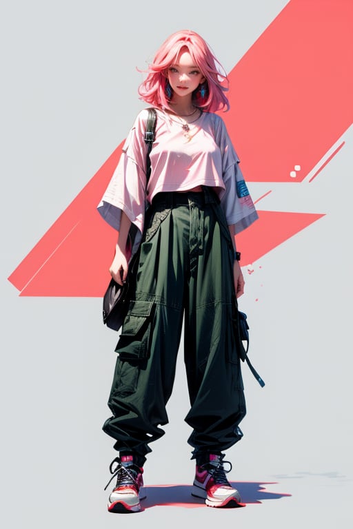 A coral-pink-haired girl stands cool, hugging herself in a front view. Her medium-sized breasts peek out from under an oversized white button-down shirt with rolled-up sleeves. Baggy cargo pants and layered necklaces complete her casual look. Chunky sneakers adorn her feet. She wears a subtle smirk, parted lips hinting at a quiet confidence. Behind her, a vibrant graffiti art background adds depth to the scene.