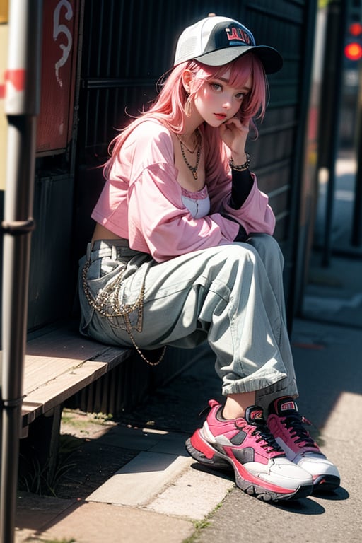 1girl, solo, breasts, coral-pink hair, (medium breasts:1.2), (sitting), hugging, full body, parted lips, front view, wearing Oversized white button-down shirt with the sleeves rolled up, Baggy cargo pants, Baseball cap worn backwards with a bold logo and Layered necklaces with a mix of chains and pendants, Chunky sneakers, Grunge-inspired alleyway with graffiti art background
