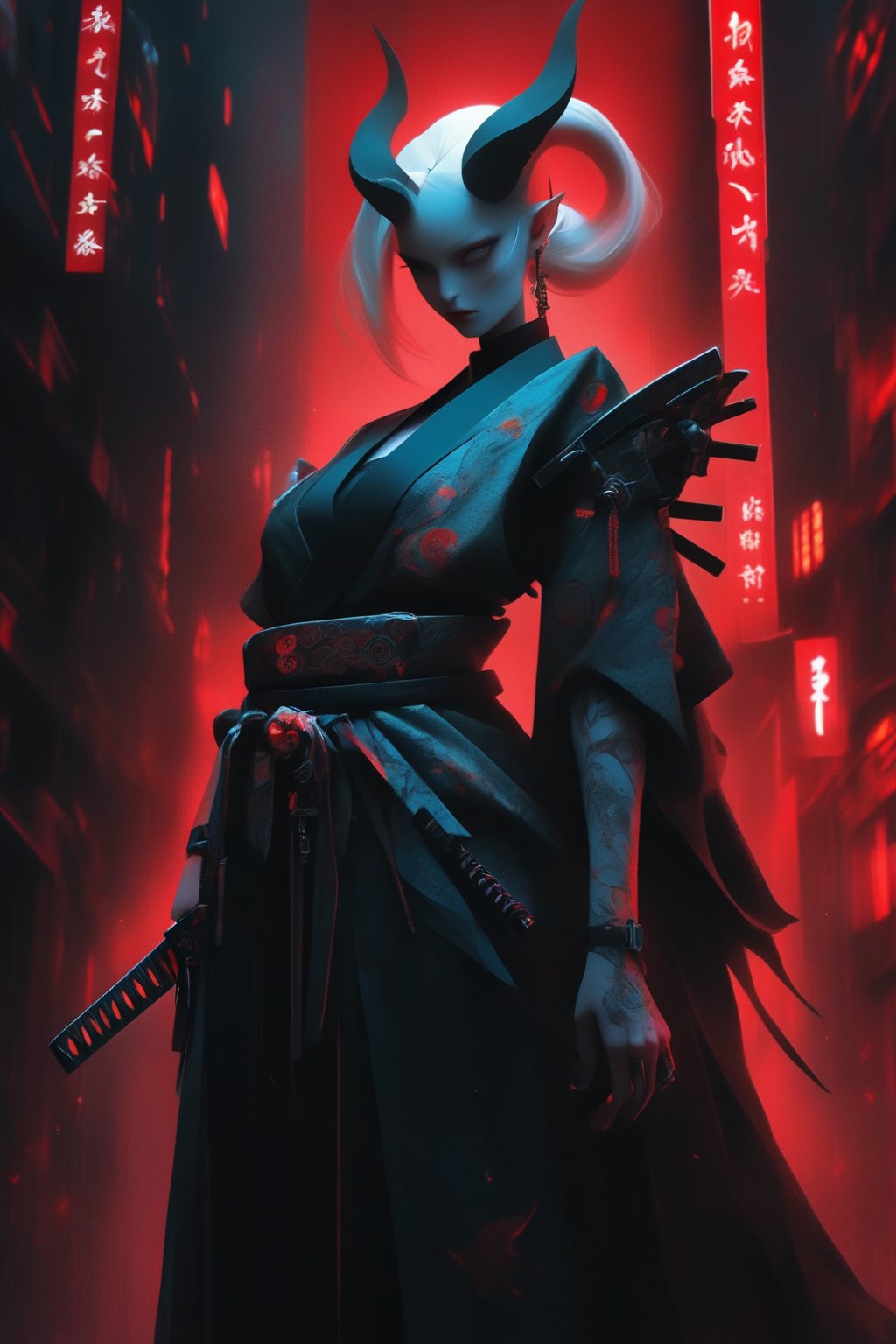 Masterful albino demon queen stands poised in a cyberpunk cityscape, her long intricate horns (1.2) stretching towards the neon-drenched skyscrapers. The kimono drapes elegantly around her curves, showcasing the deep cleavage and prominent breasts. A single katana rests in its scabbard at her waist, adorned with subtle kanji tattoos. Her hakama and Japanese-style gaiter add an air of mystique to her enigmatic presence. Bathed in the crimson glow of blood-stained streets, she exudes a commanding aura, her gaze piercing through the fog-shrouded cityscape.,3D, 
cyberpunk City background,photo_b00ster,ct-niji2,niji style