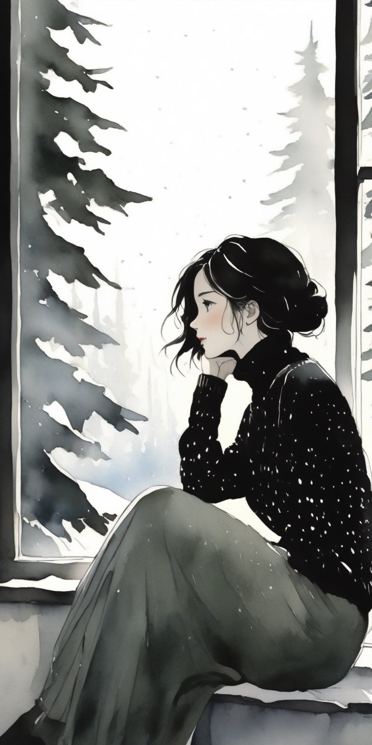 masterpiece, high quality, 8K, high_res, ink lines and watercolor wash,
homemade photoshot, melancholy embience, beautiful girl sits on the windowsill and looks out the window, loose knitted turtleneck sweater, monochrome picture, sad, beautiful, elegant, very detailed, establishing shot, The winter forest is visible from the window