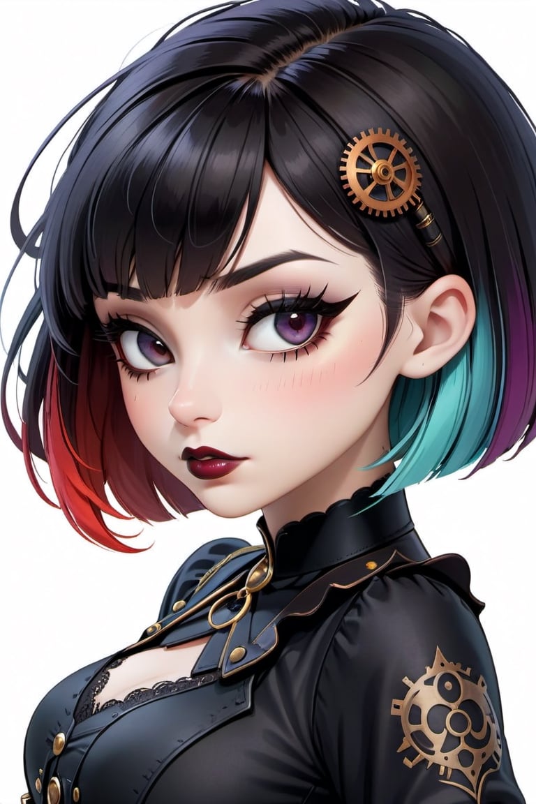 sticker design, steampunk, upper body, close eyes, white background, bob cut, short hair, multicolored hair, makeup , parted lips, black lips, eyeliner, gothic, goth girl,
her hair is styled in a bob with bangs. the tips of her hair are dyed red. sweet cartoon style

,disney pixar style