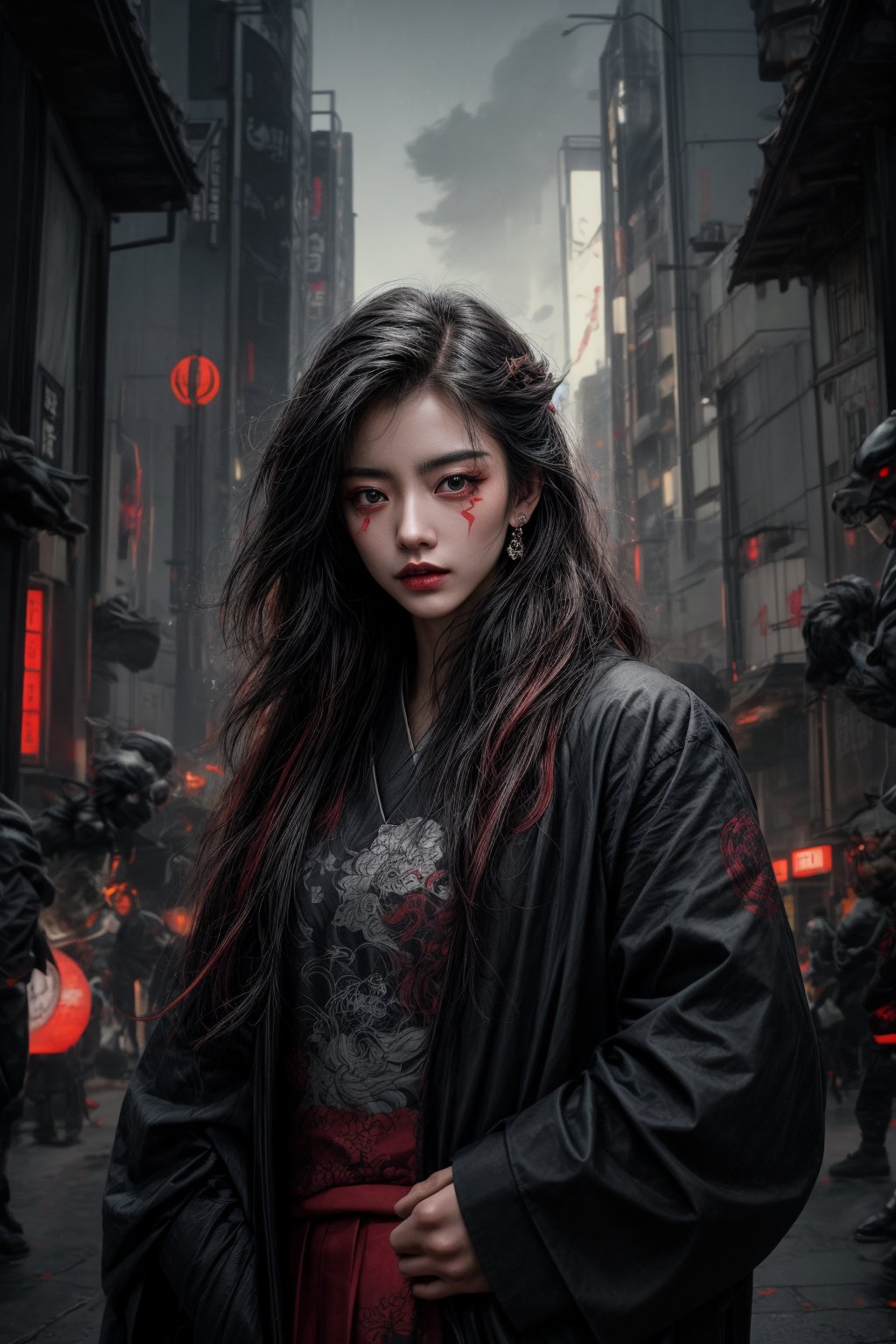 Realistic 8K 60fps, character photos, raindrops, Japanese-style red tattoos, kabuki banshee wearing Japanese new fashion dress with gentle gestures, Japanese-style long-haired demon girl Bonan kabuki, holding a giant sword, ancient giant demon background. Perfectly crafted cyberpunk style and traditional Japanese artistry blend seamlessly, evoking the essence of Chinese ink painting.,kimono,
