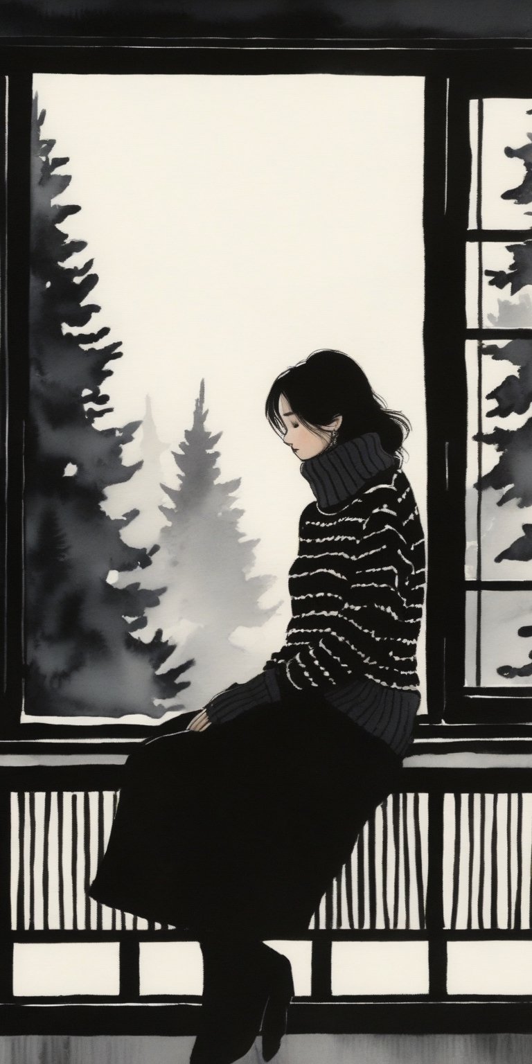 masterpiece, high quality, 8K, high_res, ink lines and watercolor wash,
homemade photoshot, melancholy embience, beautiful girl sits on the windowsill and looks out the window, loose knitted turtleneck sweater, monochrome picture, sad, beautiful, elegant, very detailed, establishing shot, The winter forest is visible from the window,chinese ink drawing,Dopamine Color,txznw