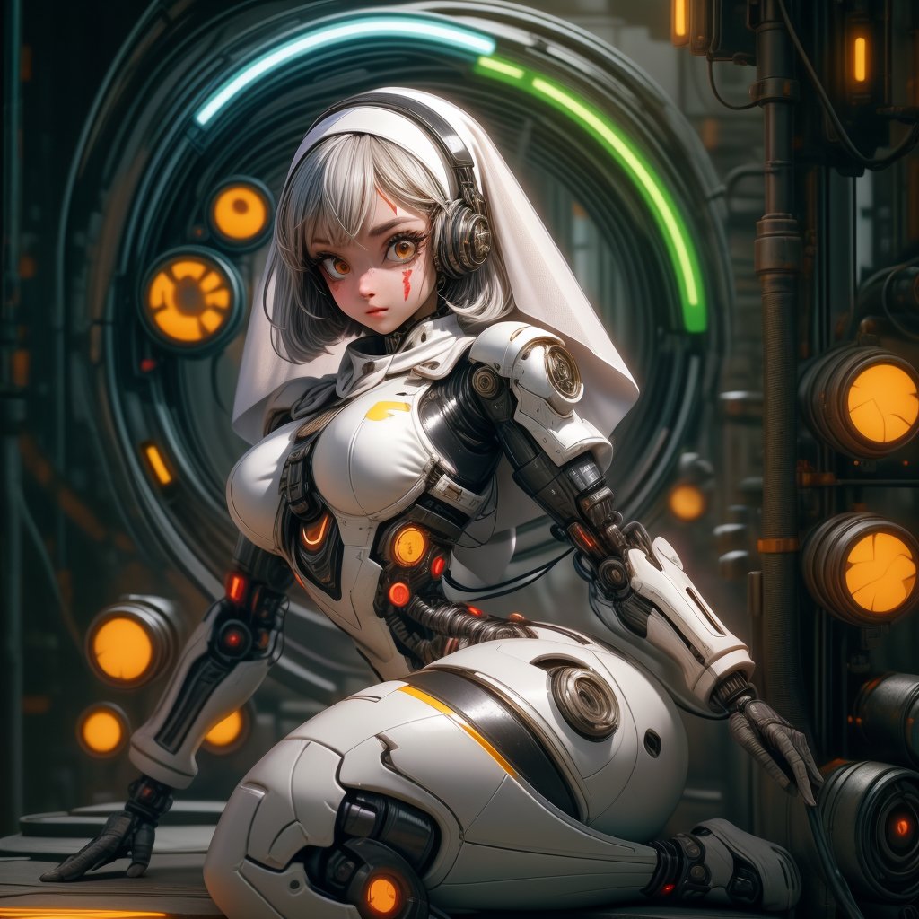 Close-up shot of a female cyborg, 'Bob-Cut' hair vibrant with colorful hues, framing her intense expression. A scratch mask with cat-ear headphones and nun headscarf adorn her face, juxtaposed with tactical armor plating and a sharp black dragon's head with neon accents. Infected machine parts mesh seamlessly with her beautiful girl features. Crouched in fighting stance, she grasps a gun, futuristic hair infected with glowing strands, set against the blurred cityscape of a terminal station. Her eyes blaze with golden flames amidst chromatic spots on her black eyeballs, within the deva battle suit's armor shell, evoking a Nijistyle aesthetic.l,urban techwear,cyborg,disney pixar style,c1bo,reelmech