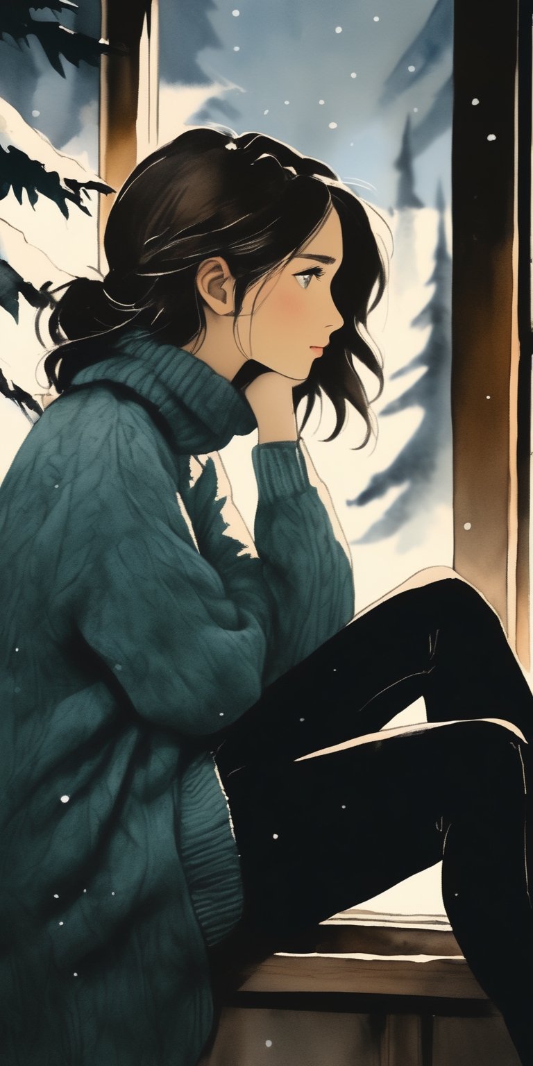 (masterpiece, high quality, 8K, high_res), ((ink lines and watercolor wash)),
homemade photoshot, melancholy embience, beautiful girl sits on the windowsill and looks out the window, loose knitted turtleneck sweater, monochrome picture,
sad, beautiful, elegant, very detailed, establishing shot, The winter forest is visible from the window