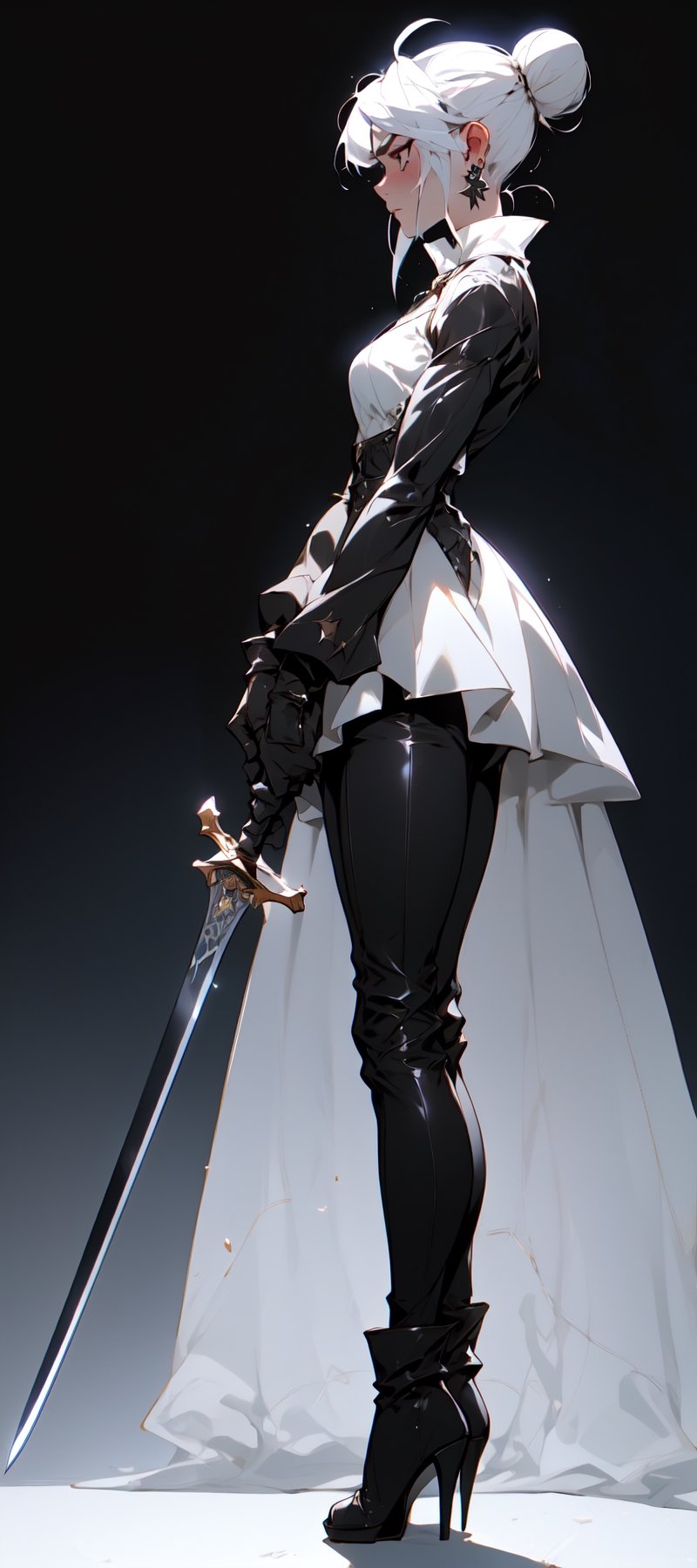 1girl, solo, simple background, gloves, long sleeves, dress, jewelry, standing, full body, weapon, white hair, earrings, black gloves, pants, sword, hair bun, black footwear, high heels, from side, profile, makeup, black pants, single hair bun, eyeshadow, high heel boots, planted, planted sword, hands on hilt and stand the sword on the ground,niji5