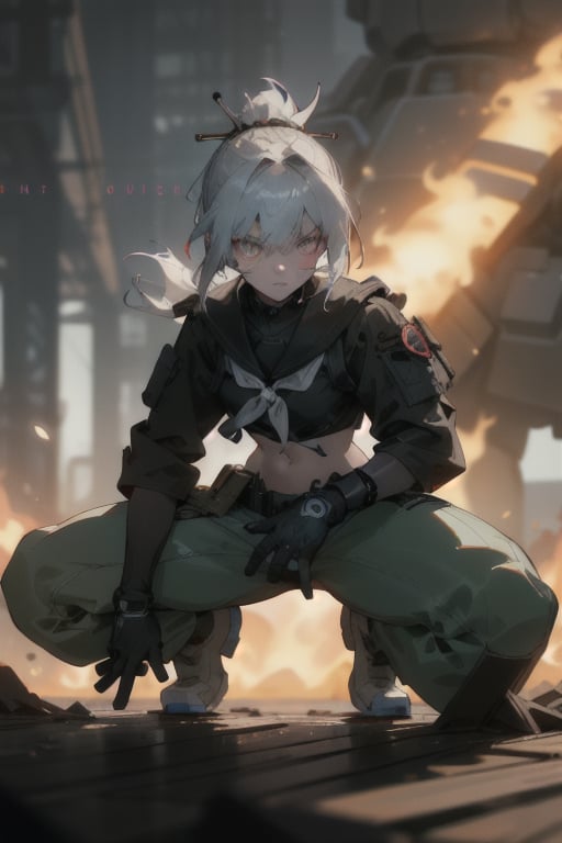 In a gritty, cyberpunk cityscape, a goth muscle girl with striking silver hair and pixie cut sits in a squatting position, her dark tan skin glistening under the urban glow. Hazel eyes burn bright, framed by black nitrile gloves and a dark army jacket worn over a crop top. Baggy pants and combat boots complete her intimidating ensemble, while a bold application of black lipstick adds to her edgy persona.

Before her stands an incredibly detailed mecha suit, its sleek design and sharp focus drawing the viewer's attention. A Short Ponytail and Combat Helmet adorn her head, while Night Vision Goggles perch atop her eyes. A Tactical Belt wraps around her waist, holding a Tactical Vest that mirrors the metallic sheen of the mecha.

As she crouches in combat readiness, her slender body tenses with moderate muscles visible beneath her dark attire. Bright highlights accentuate the sharp lines and curves of her features, as if illuminated by the city's neon lights. The overall effect is one of ultra-fine quality, a masterpiece of artistry and attention to detail that defies absurdity, yet somehow works in harmony with the goth aesthetic.

In a burst of radiosity and physically-based rendering, the image comes alive with photon mapping, automatic white balance, and an atmosphere of gritty futurism. This is Mecha Sailor Soldier at her finest, a warrior queen reigning supreme over the urban landscape.