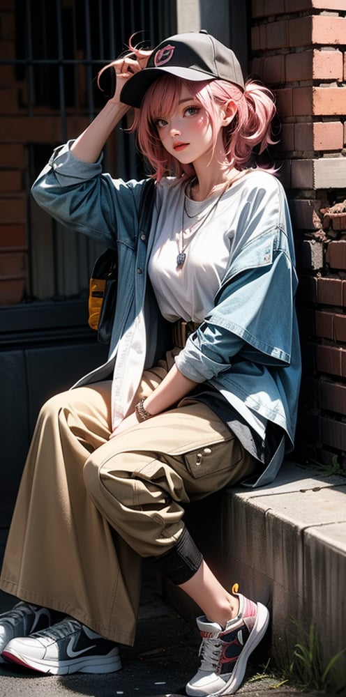 1girl, solo, breasts, coral-pink hair, (medium breasts:1.2), (sitting), hugging, full body, parted lips, front view, kelthy, wearing Oversized white button-down shirt with the sleeves rolled up, Baggy cargo pants with cuffed ankles, Baseball cap worn backwards with a bold logo and Layered necklaces with a mix of chains and pendants, Chunky sneakers, Grunge-inspired alleyway with brick walls and graffiti art background
