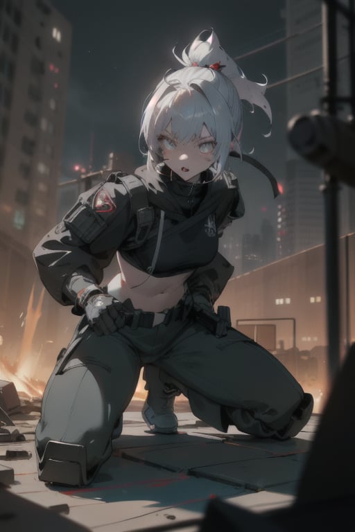 In a gritty, cyberpunk cityscape, a goth muscle girl with striking silver hair and pixie cut sits in a squatting position, her dark tan skin glistening under the urban glow. Hazel eyes burn bright, framed by black nitrile gloves and a dark army jacket worn over a crop top. Baggy pants and combat boots complete her intimidating ensemble, while a bold application of black lipstick adds to her edgy persona.

Before her stands an incredibly detailed mecha suit, its sleek design and sharp focus drawing the viewer's attention. A Short Ponytail and Combat Helmet adorn her head, while Night Vision Goggles perch atop her eyes. A Tactical Belt wraps around her waist, holding a Tactical Vest that mirrors the metallic sheen of the mecha.

As she crouches in combat readiness, her slender body tenses with moderate muscles visible beneath her dark attire. Bright highlights accentuate the sharp lines and curves of her features, as if illuminated by the city's neon lights. The overall effect is one of ultra-fine quality, a masterpiece of artistry and attention to detail that defies absurdity, yet somehow works in harmony with the goth aesthetic.

In a burst of radiosity and physically-based rendering, the image comes alive with photon mapping, automatic white balance, and an atmosphere of gritty futurism. This is Mecha Sailor Soldier at her finest, a warrior queen reigning supreme over the urban landscape.