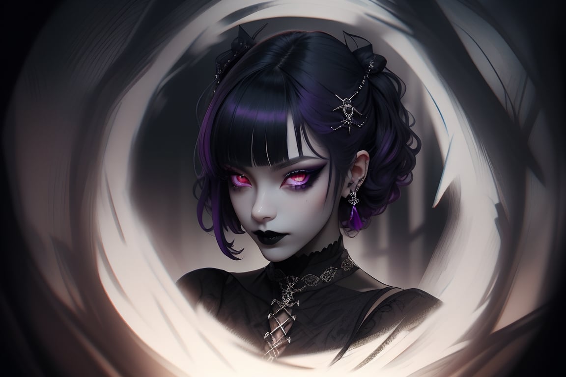 1girl, dark purple hair, glowing eyes, sharp eyes, arrogant, half smile, black lips, goth makeup, colorful eye shadow, wearing stylish clothes, fantasy detailed background, detailed body, detailed face, detailed eyes