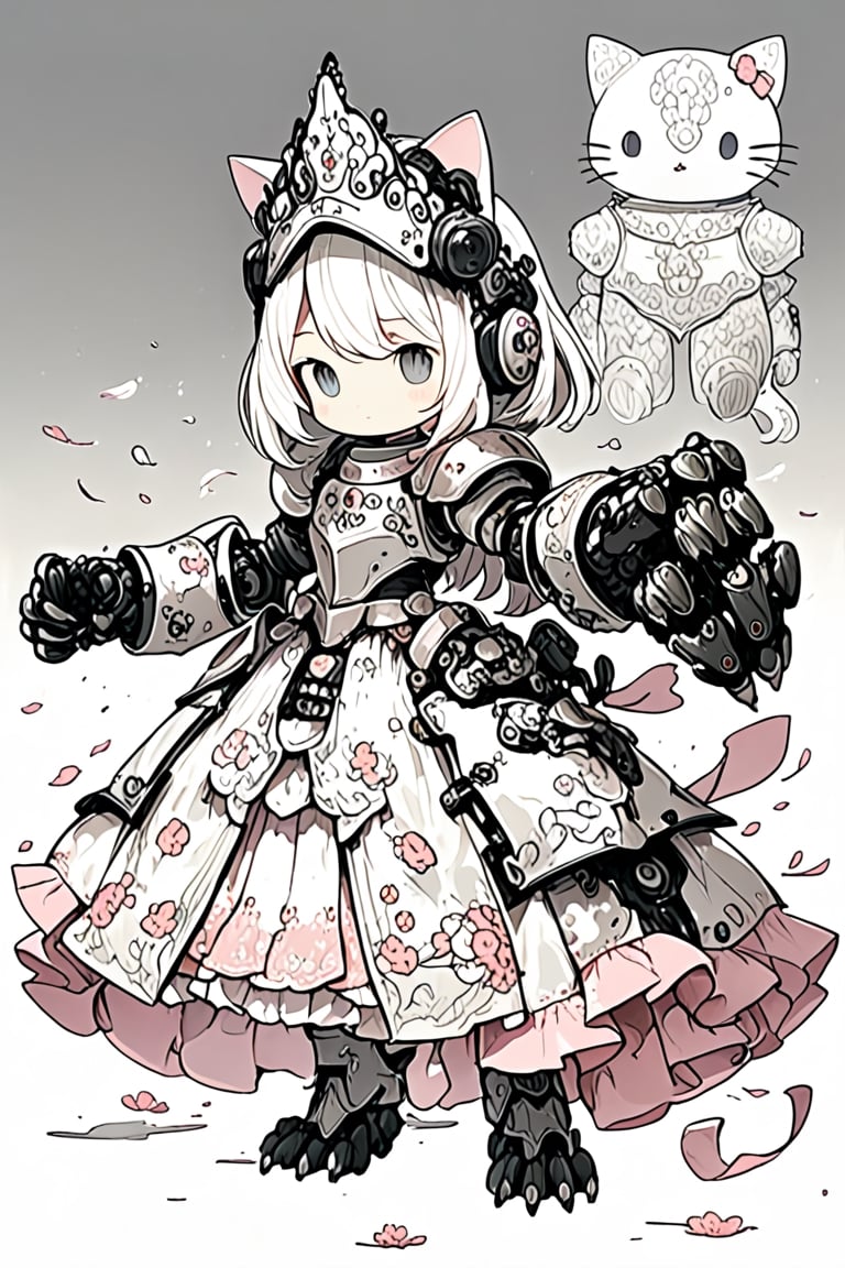 (HELLO KITTY),Princess Knight, pink and white knight's armor, with the helmet featuring the adorable face of cat, armor is adorned with intricate lace and frills, emitting a sweet fragrance,sticker,mecha, mechanical arms, big cat paws,lineart