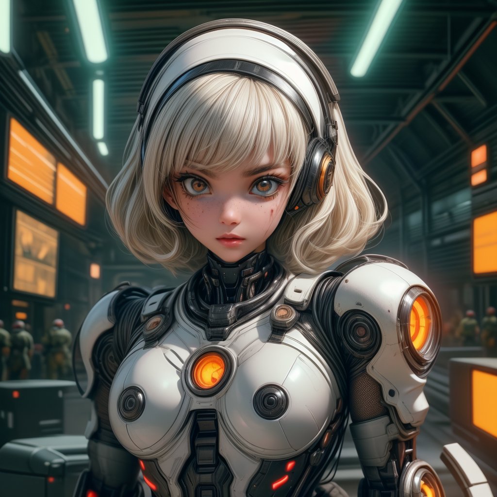 Close-up shot of a female cyborg, 'Bob-Cut' hair vibrant with colorful hues, framing her intense expression. A scratch mask with cat-ear headphones and nun headscarf adorn her face, juxtaposed with tactical armor plating and a sharp black dragon's head with neon accents. Infected machine parts mesh seamlessly with her beautiful girl features. Crouched in fighting stance, she grasps a gun, futuristic hair infected with glowing strands, set against the blurred cityscape of a terminal station. Her eyes blaze with golden flames amidst chromatic spots on her black eyeballs, within the deva battle suit's armor shell, evoking a Nijistyle aesthetic.l,urban techwear,cyborg,disney pixar style,c1bo,reelmech