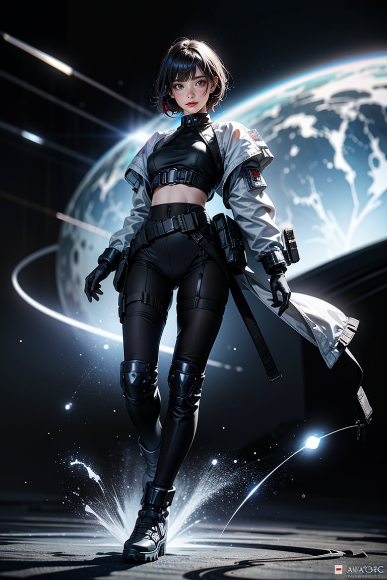 
full body, dynamic poses, beautiful teenage girl, glowing eyes, short colorful hair, bangs, detailed eyes, slim waist, masterpiece, best quality, realistic lighting effects, military spacesuit, open neckline, body straps, hollow crop top space jacket(military), military knee pads, perfect figure, space boots, space station, gloves, space helmet, headphone,solo femaleCinematic angle, cool smirk, sharp eyes, ultra fine quality, masterpiece, best quality, incredibly absurdres, highly detailed, sharp focus, (photon mapping, radiosity, physically-based rendering, automatic white balance), furure_urban, ,rubbersuit02