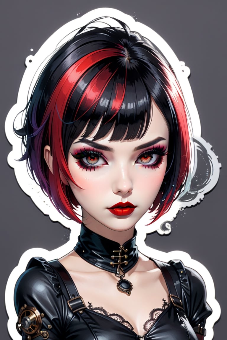 sticker design, steampunk, upper body, close eyes, white background, bob cut, short hair, multicolored hair, makeup , parted lips, black lips, eyeliner, gothic, goth girl,
her hair is styled in a bob with bangs. the tips of her hair are dyed red.

