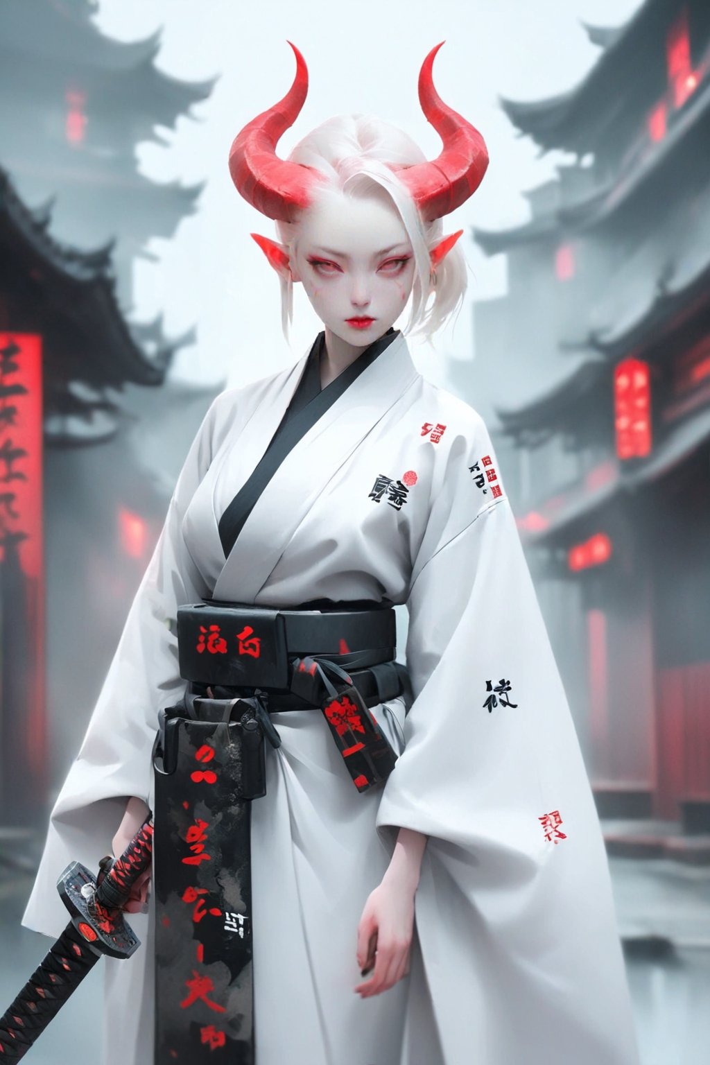 1 girl, (masterful), albino demon queen, (long intricate horns:1.2), 
kimono, one Katana in scabbard  at waist, bathed blood,large breast, Cleavage, hakama, Japanese style gaiter, kanji Tattoos, 
cyberpunk City background,photo_b00ster,ct-niji2