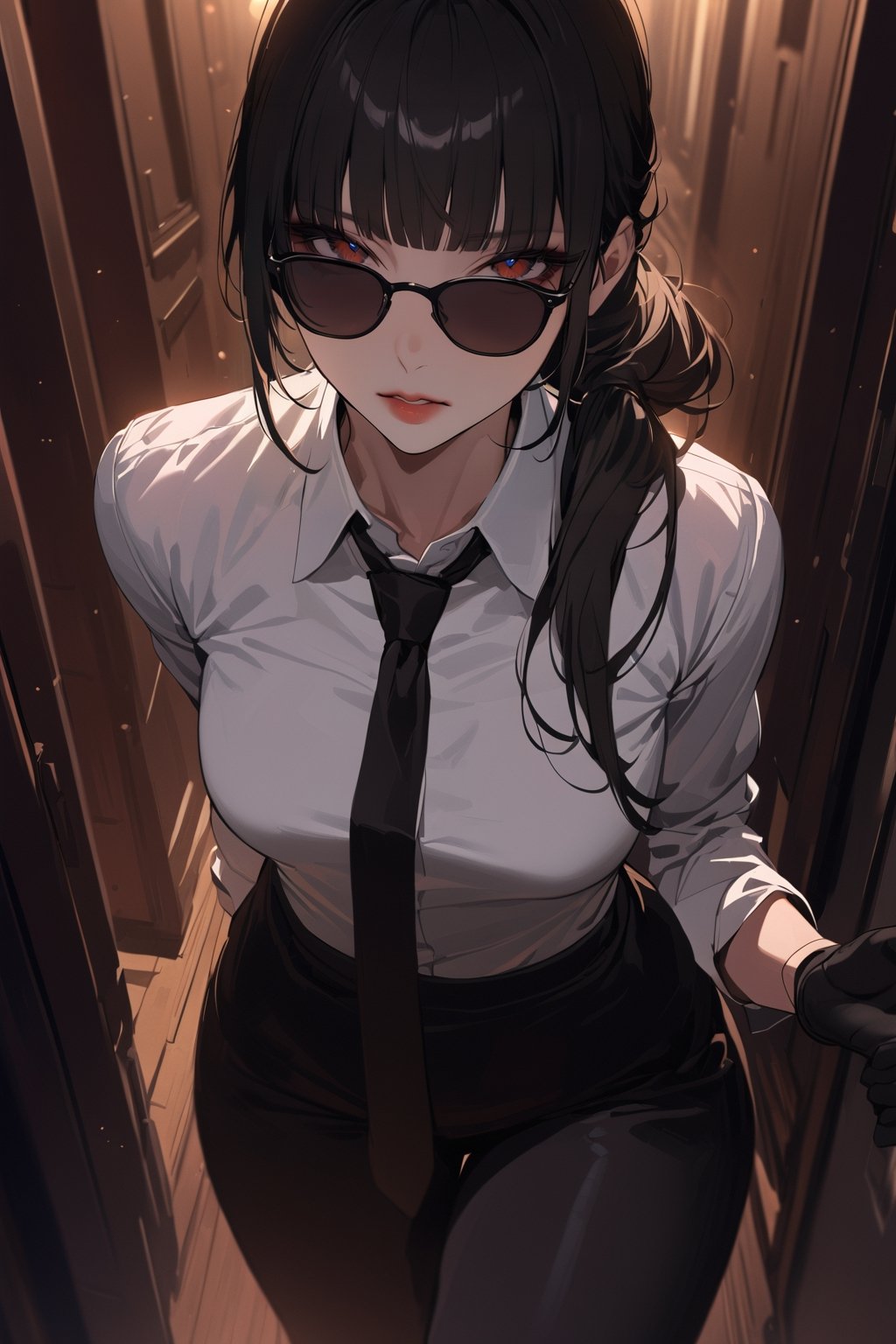 ((masterpiece, best quality, highres:1.2)), perfect face, looking at viewer, niji6, more detail XL, 1girl, solo, looking at viewer, sharp eyes, long straight pony tail black hair with blunt bangs, clearly brown eyes, ombre lips, soft makeup, ((black sunglasses:1.1)), (black_glove), white shirt, collared_shirt, black necktie, black pants, black jacket, female agent, one arm up, indoors, dark hallway, walking, [red lips], cold expression, extremely detailed illustration, 8k, high aesthetic, bokeh, windows, night, dropped shadow,eternum style