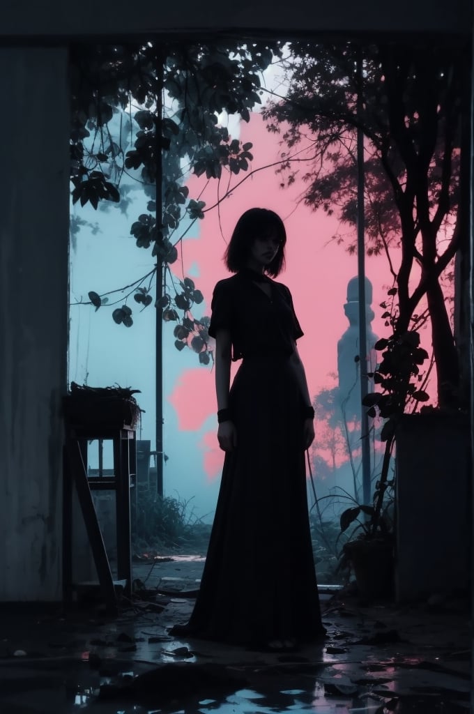 (silhouette:1.25), 1girl, dark background, blacklight, mid shot, full body, somber expression, looking  down, dark energy, vibrant cyan, portal to another world, flat color, flat shading, ultra realistic, highres, superb, 8k wallpaper, extremely detailed, intricate, limited palette, pink,

T shirt design