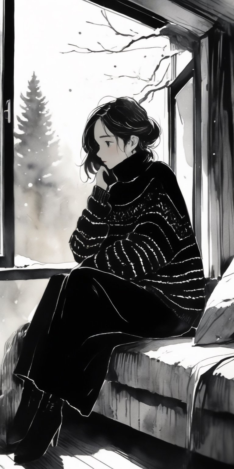 masterpiece, high quality, 8K, high_res, ink lines and watercolor wash,
homemade photoshot, melancholy embience, beautiful girl sits on the windowsill and looks out the window, loose knitted turtleneck sweater, monochrome picture, sad, beautiful, elegant, very detailed, establishing shot, The winter forest is visible from the window