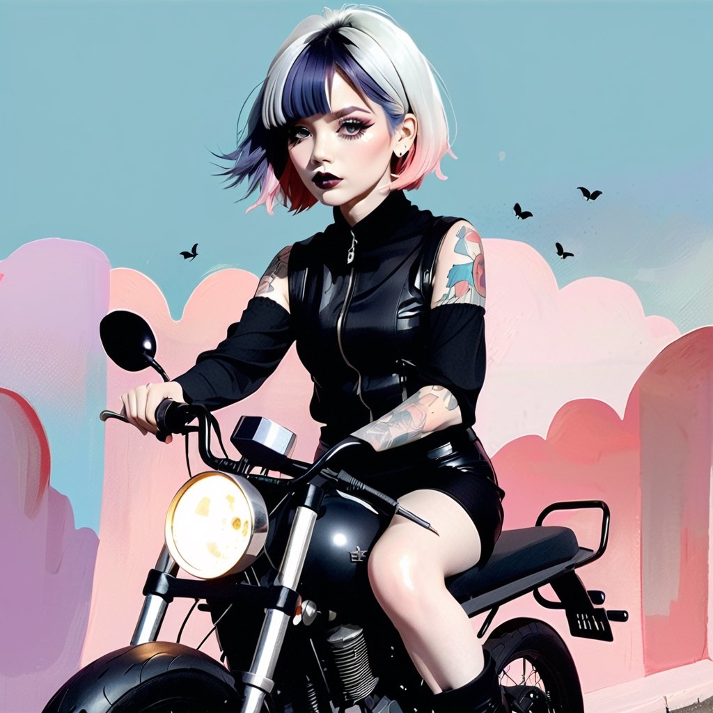1girl,solo, beautiful face, full body, stare at viewer, sharp eyes, white background, bob cut, short hair, multicolored hair, makeup , parted lips, black lips, little fangs, eyeliner, gothic, goth girl, riding a heavy motorcycle, her hair is styled in a bob with bangs. the tips of her hair are dyed red. 
perfect detailing, intricate details, mellow, muted hues, romantic, shabby-chic, dreamy artwork by oliver jeffers & jane newland   
,pastel goth
