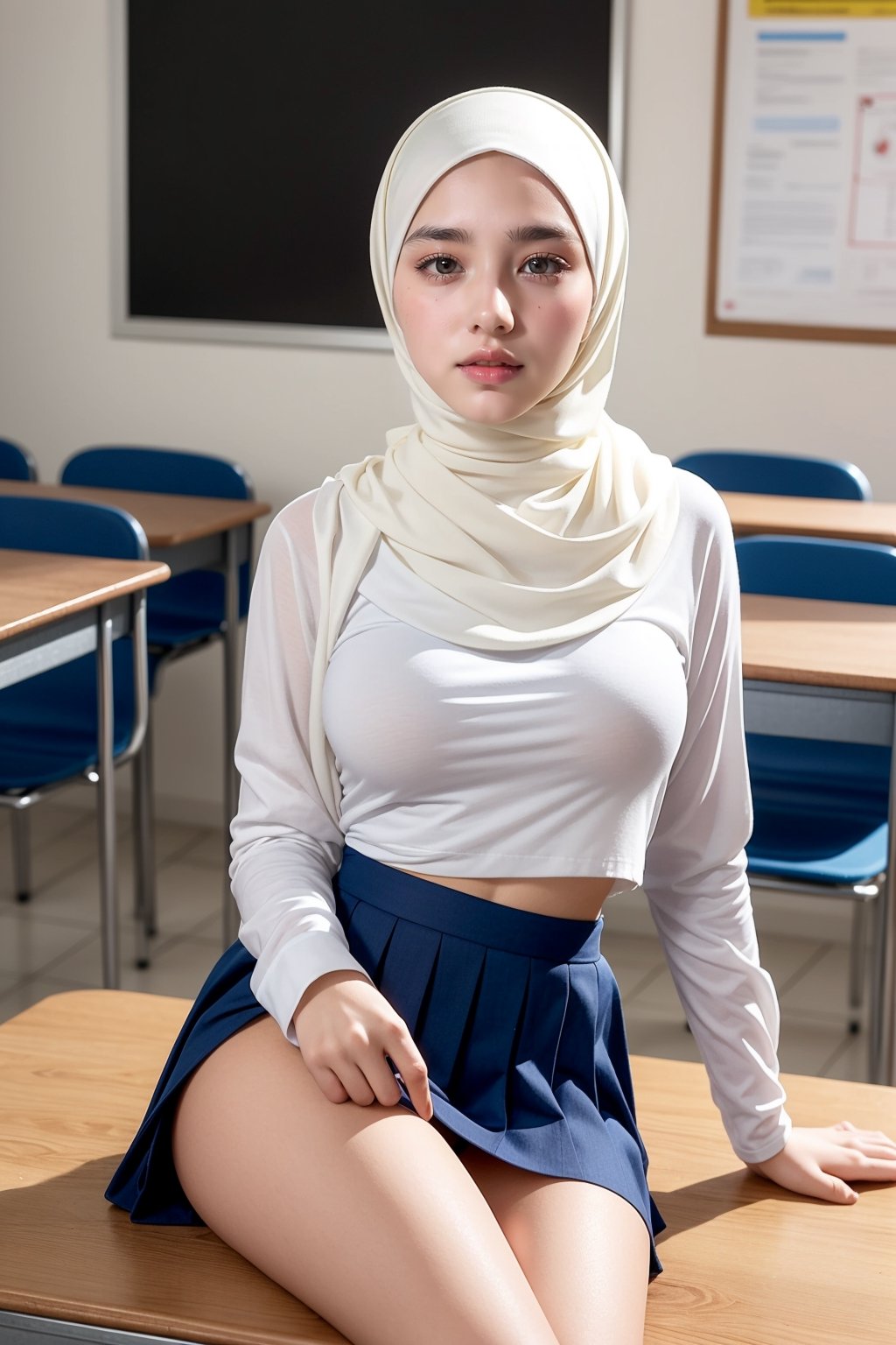 best image quality, a (beautiful 15 year old girl wearing a white hijab), wearing a tight white school uniform and a short blue skirt, good body shape, thick eyebrows, and medium breasts, sitting pose on the table showing a beautiful and narrow vagina inside class room