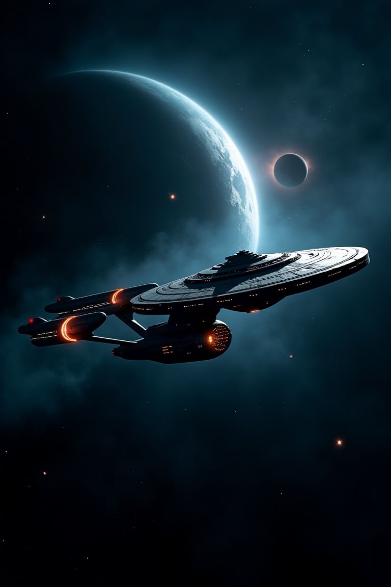 (generate smashing sci-fi book cover:1.4), in the style of star trek ; there is a spaceship, it is an imposing exploration spaceship and it appears battered and worn, as if it had weathered a brutal attack ; Debris trails linger in the surrounding space, a grim reminder of the ship's struggles. 